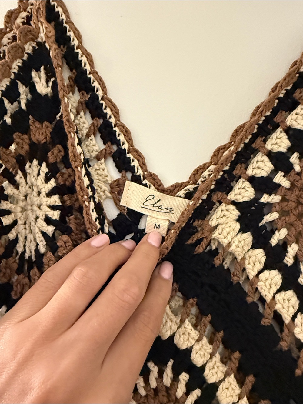 Elan Black and Cream Crochet Maxi Dress with Brown Accents - Picture 4 of 9